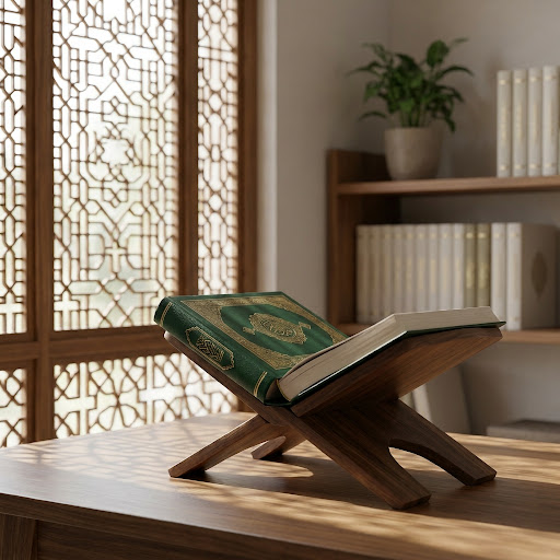 Quran on a wooden rehal in a serene study setting
